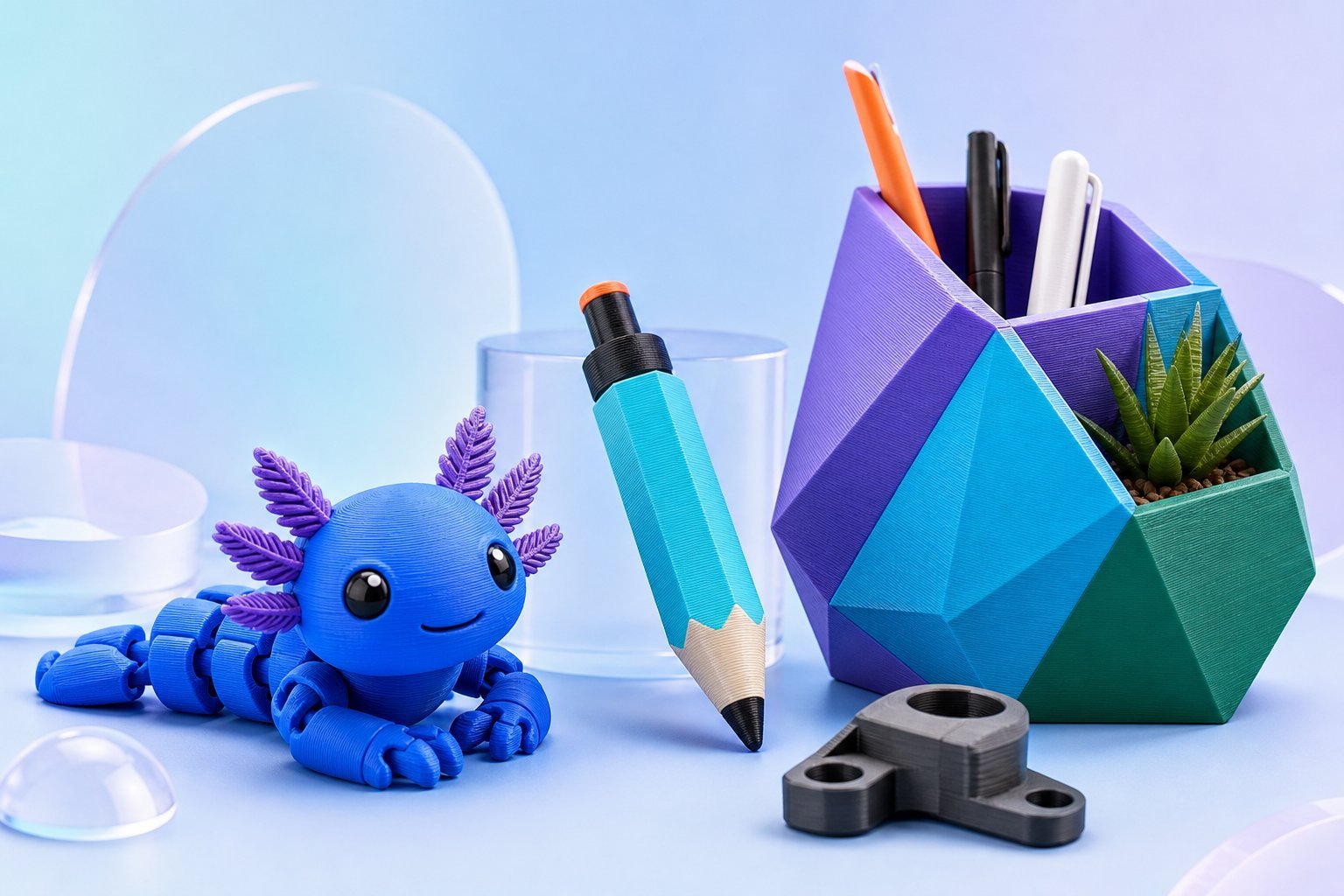 Colorful 3D-printed desk creature, pencil clicker, geometric organizer and useful replacement part