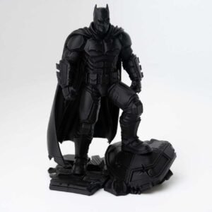 3D printed superhero diorama front view in black PLA with rubble base