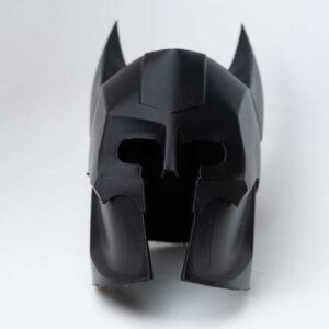 3D printed bat helmet front view in black PLA