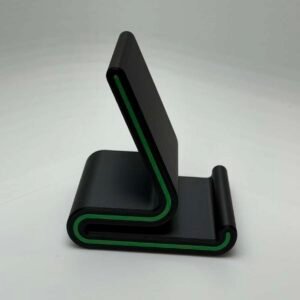 3D printed phone stand Green Streak in black and green PLA side view