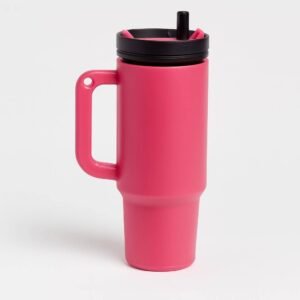 tumbler lip balm keychain in bright pink with black lid and straw detail