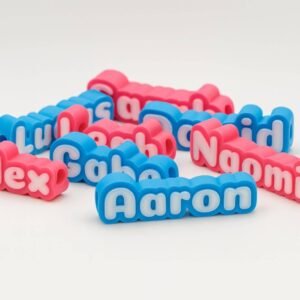 personalized pencil name topper set in blue and pink with white letters