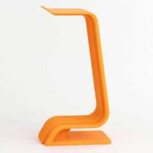 3D printed headphone stand in orange, front angle view
