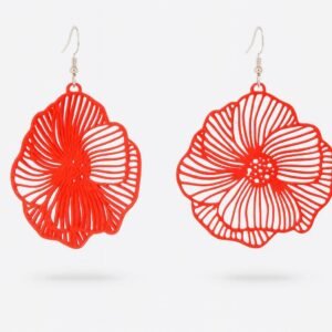 3D printed flower earrings in red filigree openwork bloom dangle pair
