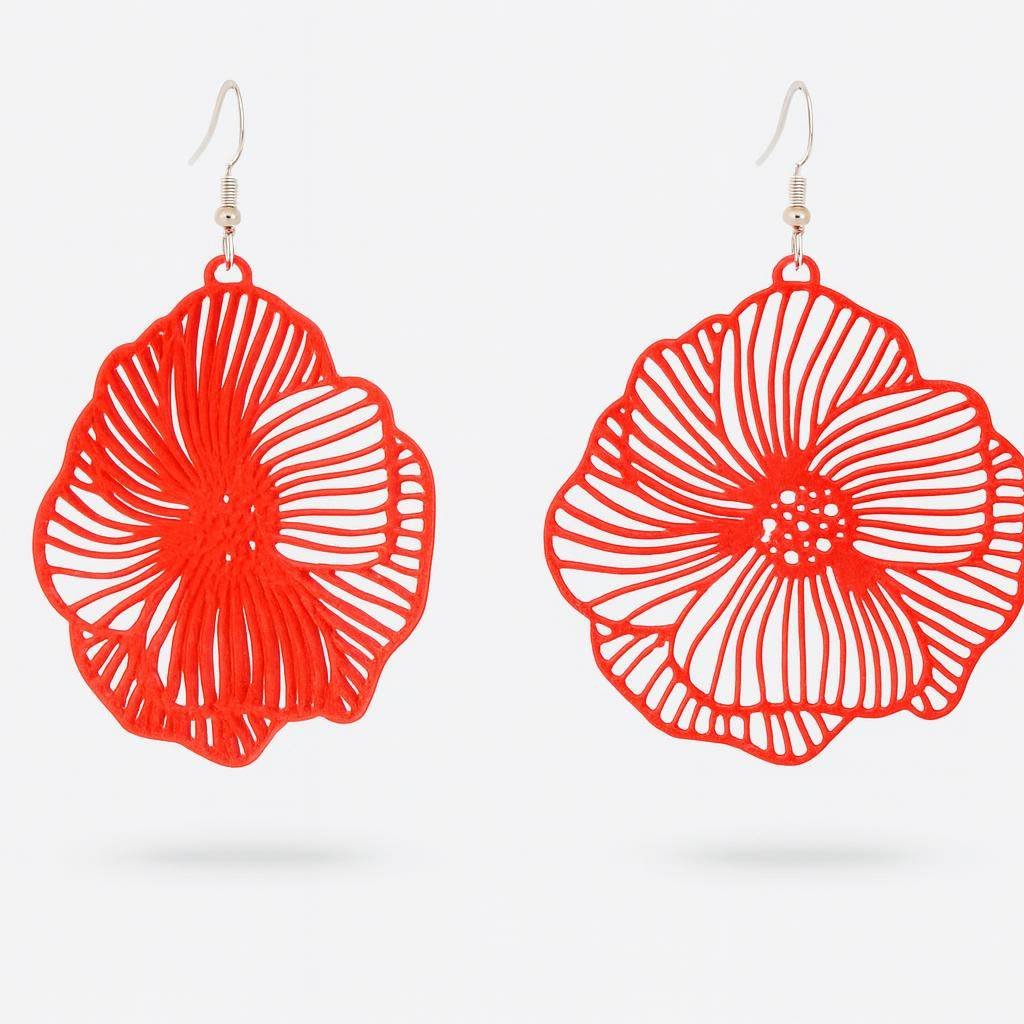 3D printed flower earrings in red filigree openwork bloom dangle pair