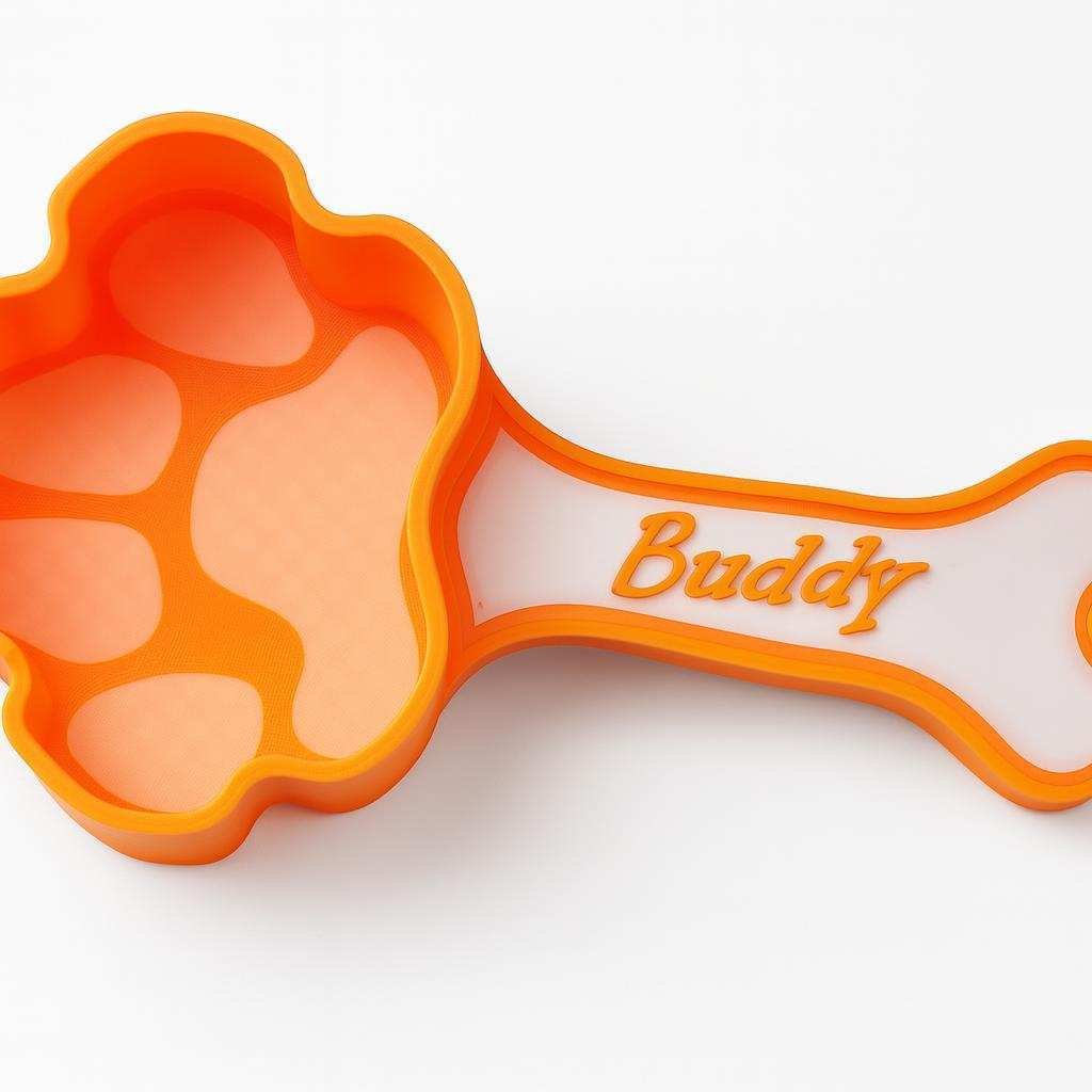 Personalized pet food scoop with paw bowl and bone handle, name Buddy in orange and white
