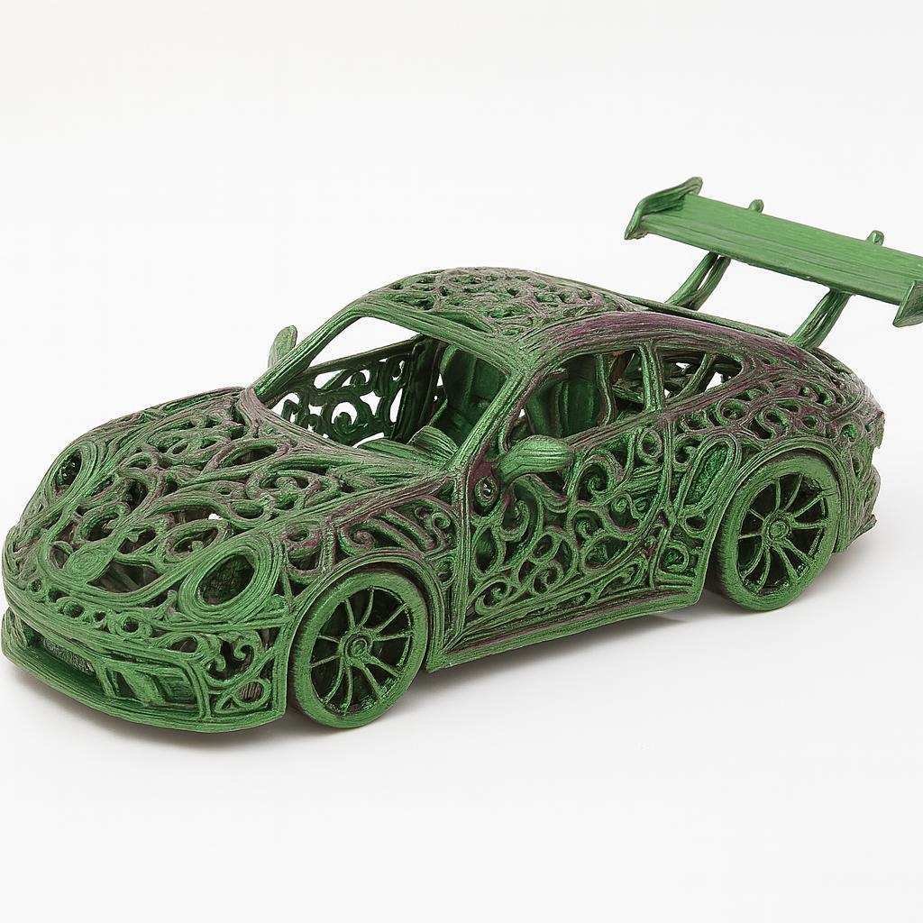Porsche 992 GT3 Voronoi model green PLA front three-quarter view