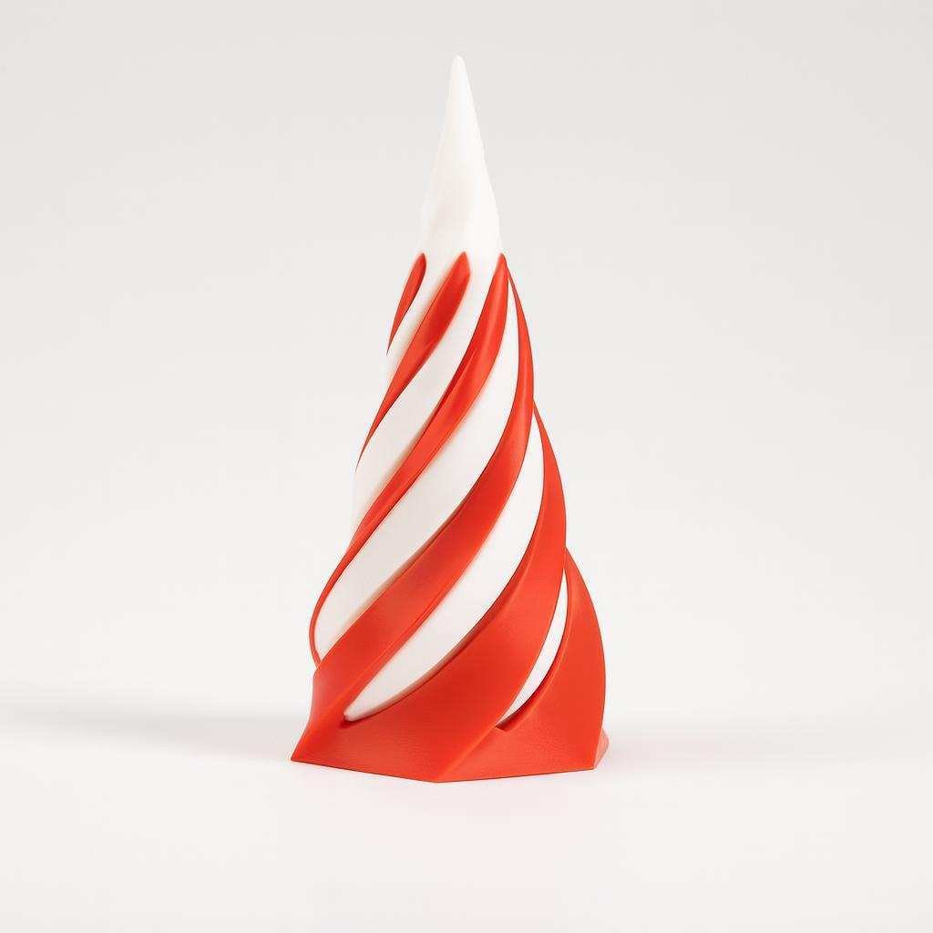 Twisty passthrough cone in red and white PLA spiral twist