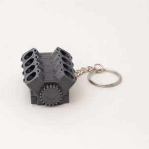 V8 fidget engine keychain in gray PLA with split ring