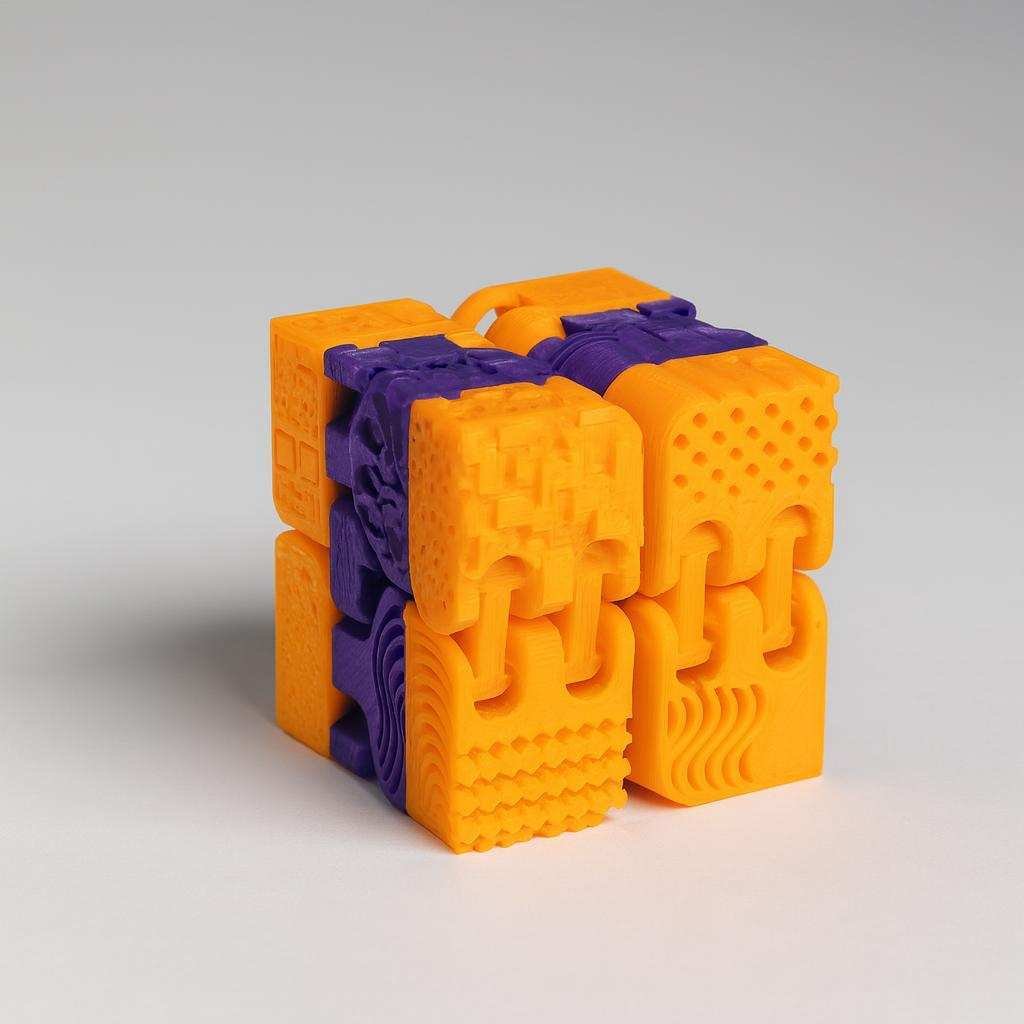 Infinity fidget cube toy in two-tone orange and purple PLA, folded cube view