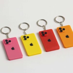 iPhone 17 keyring in pink PLA with raised camera detail and silver split ring