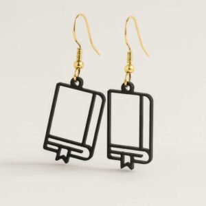 3D printed book earrings in black PLA with gold-tone fishhook ear wires