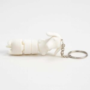 Flexi Dachshund Keychain in white PLA with metal keyring and chain
