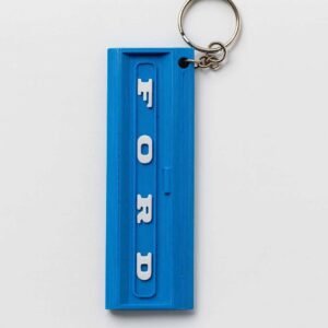 Ford truck tailgate keychain front view in blue PLA with raised white letters