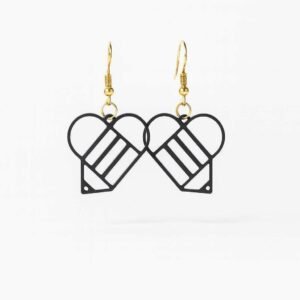 pencil heart earrings black outline dangle pair on white background