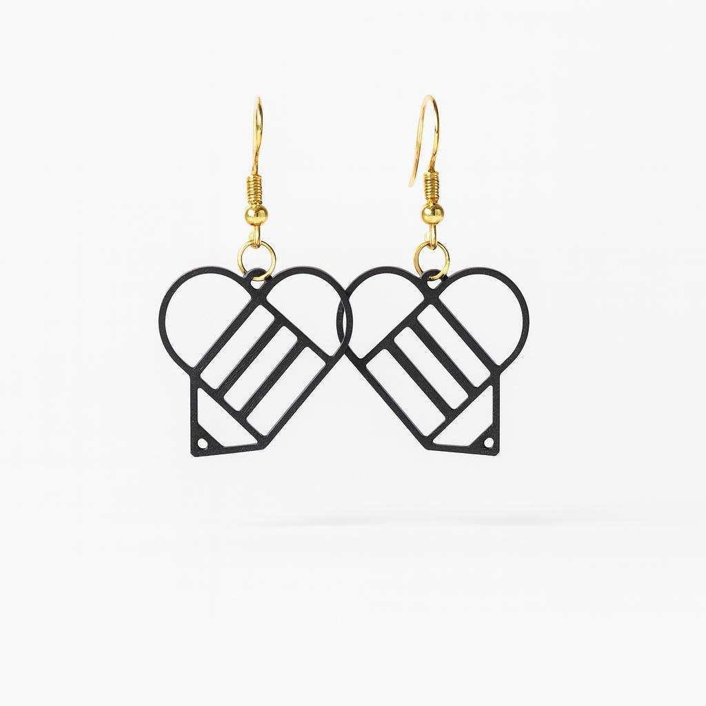 pencil heart earrings black outline dangle pair on white background
