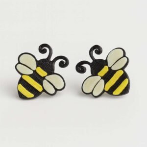 Bumblebee stud earrings in black and yellow PLA with cream wings
