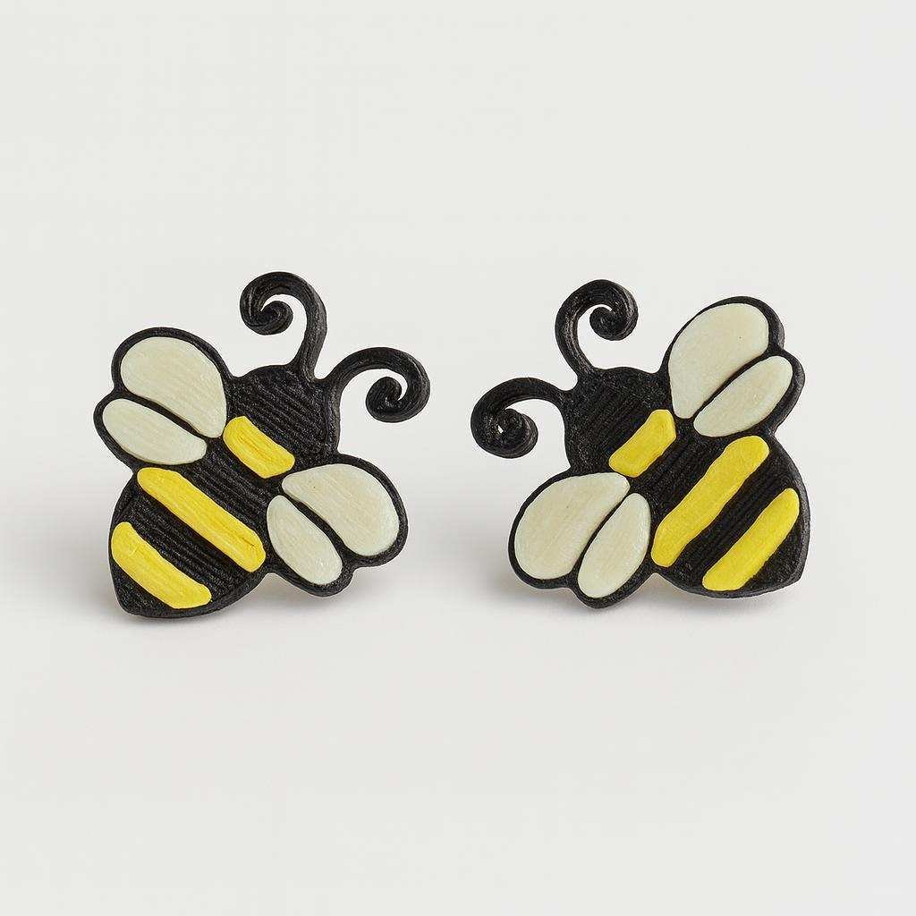 Bumblebee stud earrings in black and yellow PLA with cream wings