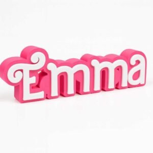 custom desk name plate with raised white letters on a pink base reading Emma