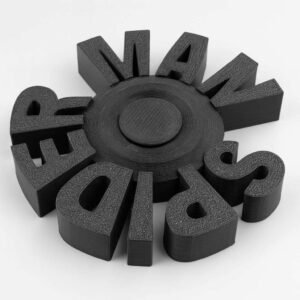 Spider themed fidget spinner in black PLA with raised lettering