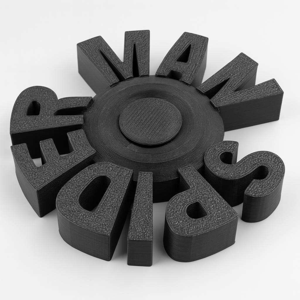 Spider themed fidget spinner in black PLA with raised lettering