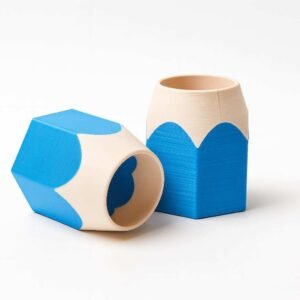 Pencil pen holder cup shaped like a chunky pencil, blue and cream PLA