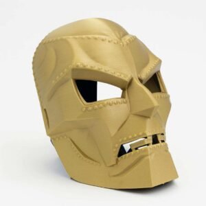 3D printed Doctor Doom mask helmet in gold PLA, front view