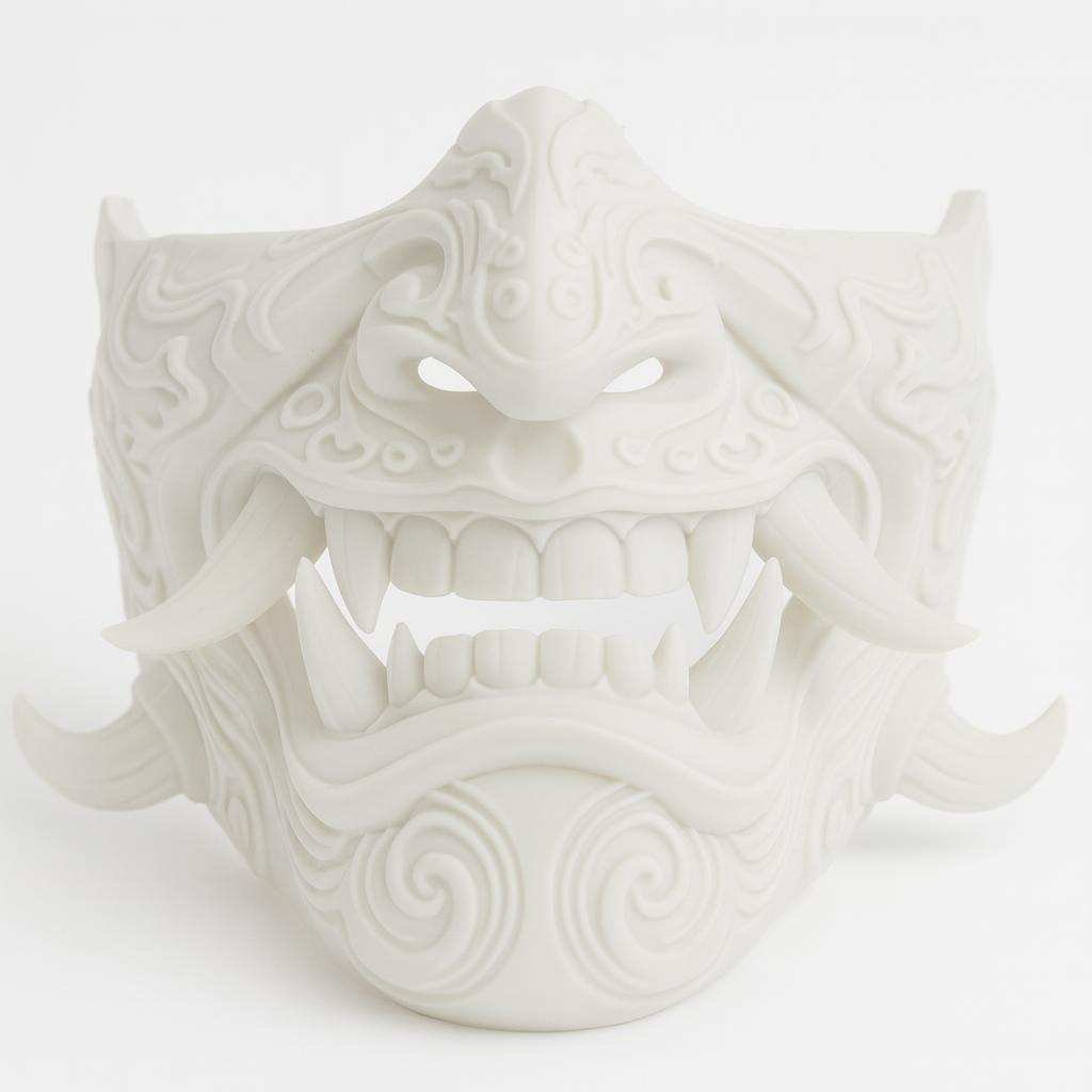 Wearable Half Oni Mask front view with tusks and teeth