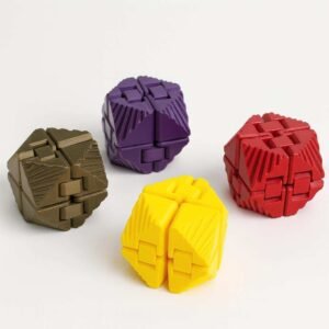 Infinity fidget cube toy in PLA shown in purple, red, yellow and olive colors