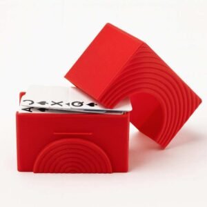 Mini travel playing cards with red PLA storage box, lid off and cards visible