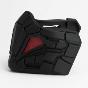 Wearable cyber half mask in black PLA with red side accents, angled view