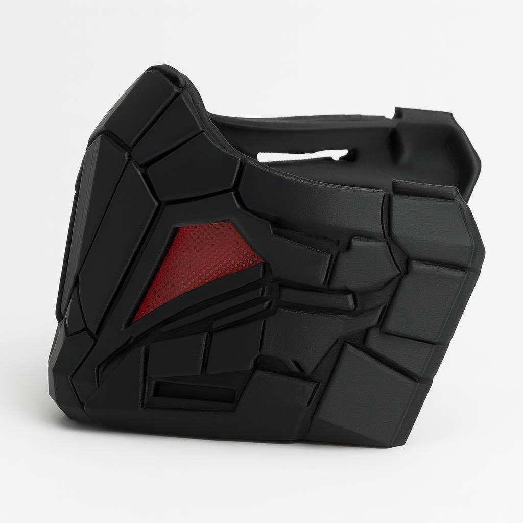 Wearable cyber half mask in black PLA with red side accents, angled view