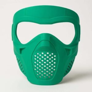 Wearable COD mask front view, green PLA 3D printed cosplay prop