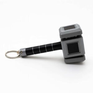 Thor hammer clicker keychain in gray and black with key ring on white background