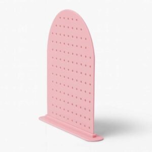 3D printed earring display stand in pink PLA with arched perforated panel