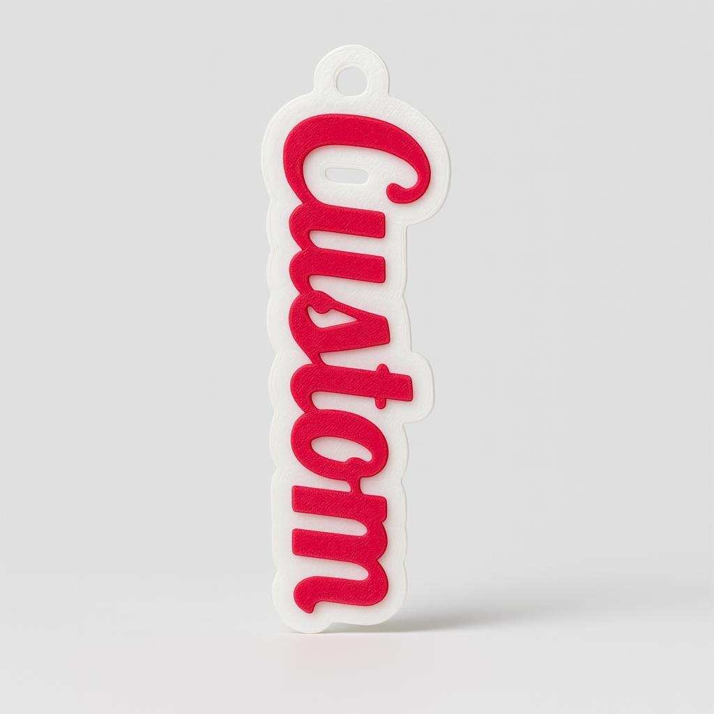 Personalised name bag tag with raised red name on white base