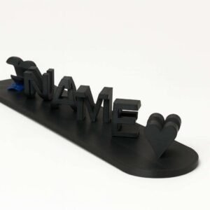 Custom illusion name plate showing angled NAME lettering on rounded base
