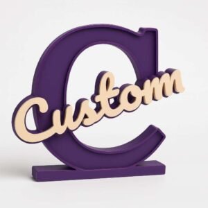 Custom name desk sign with purple monogram and raised script lettering