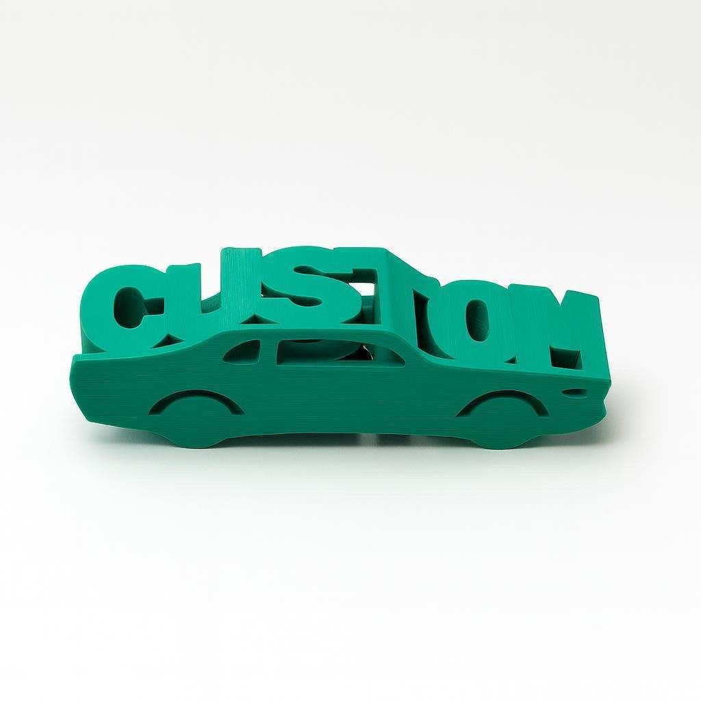 Custom car name sign in PLA with car silhouette base (green example)