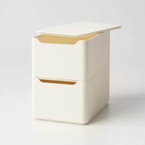 Stackable locker organizer with lid showing two bins stacked