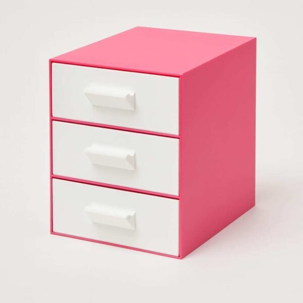 3 Drawer Locker Organizer with pink outer body and light drawer fronts