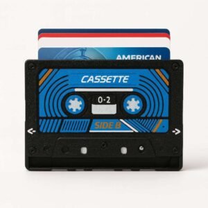 Retro Cassette Card Holder in blue with cards in top slot