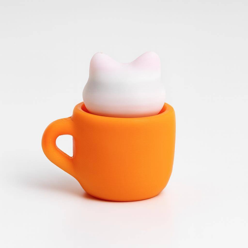 kawaii cat peeking out of orange cup desk toy front view
