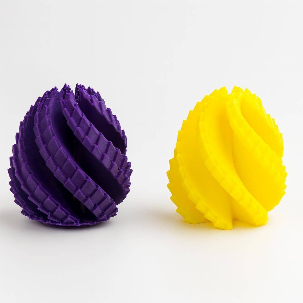 Two spiral dragon egg fidgets shown in solid purple and solid yellow