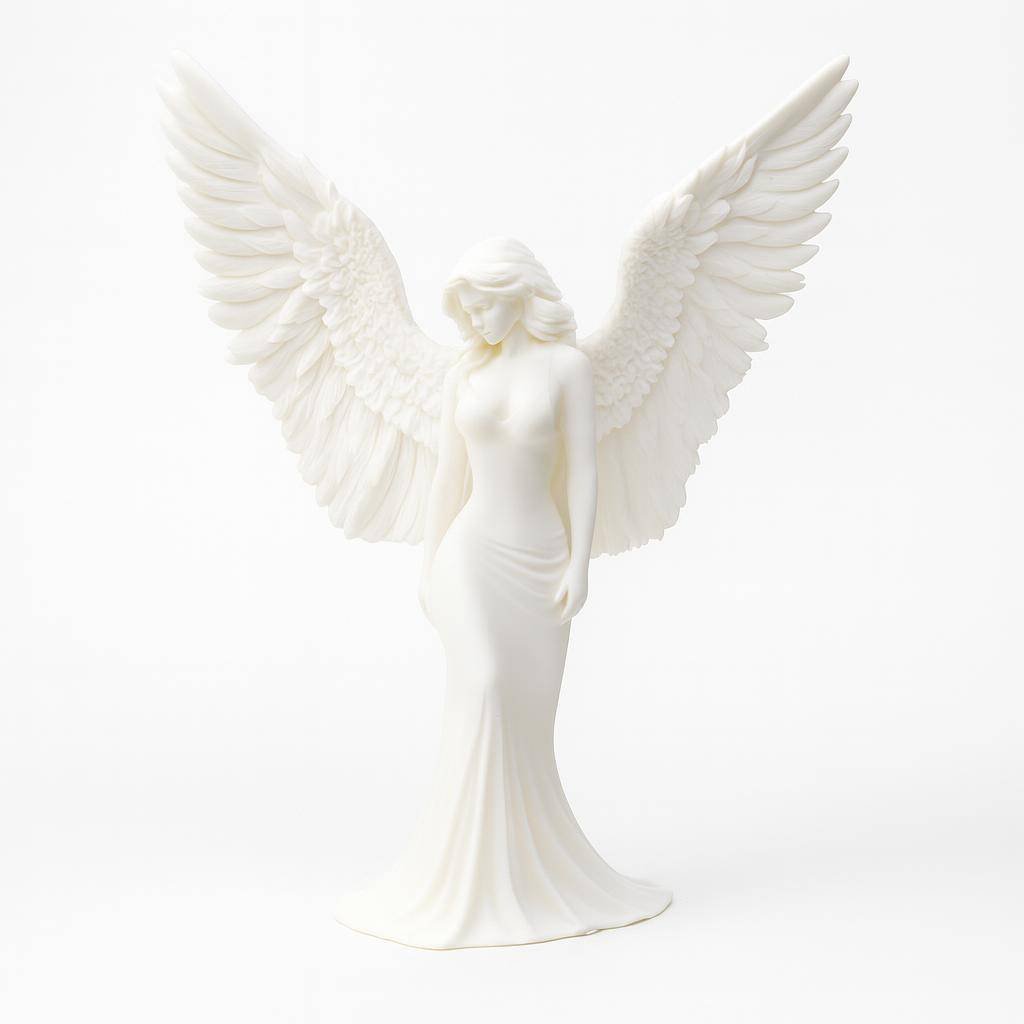 3D printed angel statue three-quarter view showing feather detail