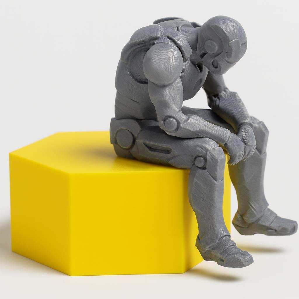 Grey armor-style seated figure with head down on a yellow display block