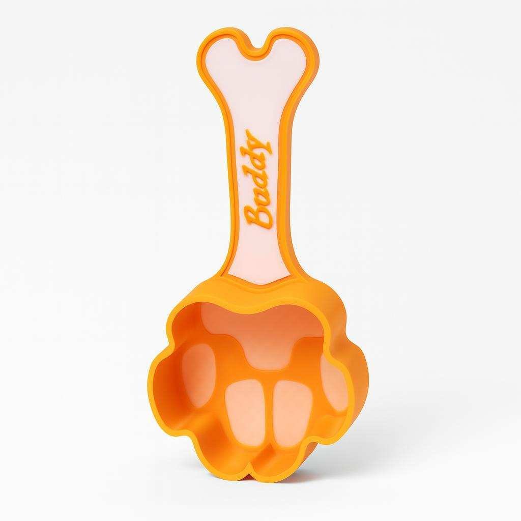 Close-up of paw-shaped scoop bowl in orange PLA with smooth interior contours
