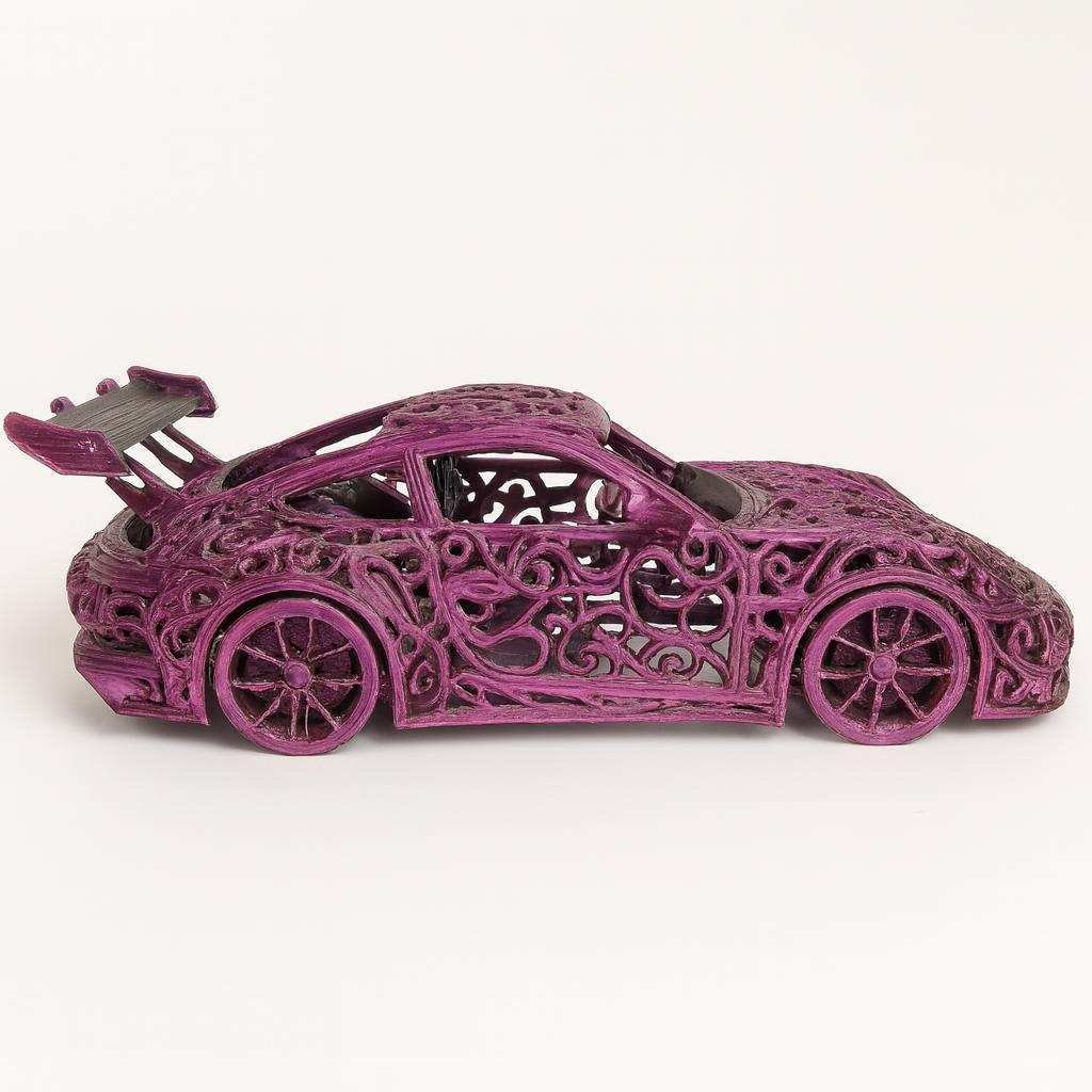 Purple PLA Voronoi lattice Porsche 992 GT3 model side view