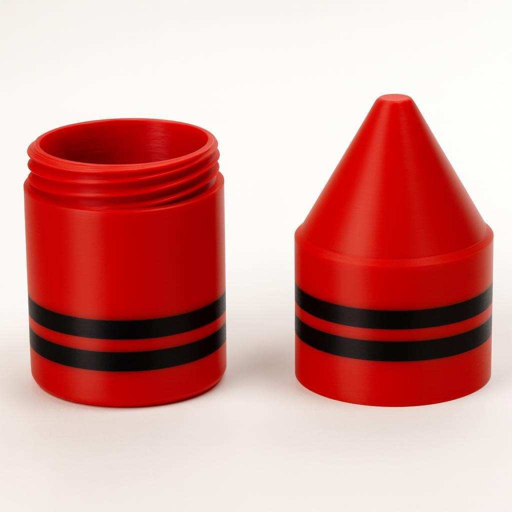 Crayon holder container case showing threaded screw-top lid and open body