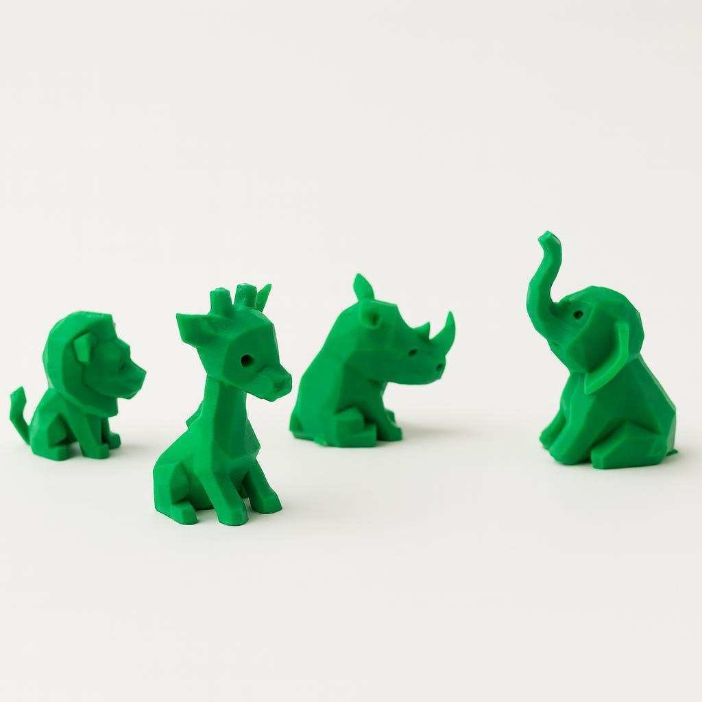Green low poly safari animal figurines set showing side view of lion giraffe rhino elephant